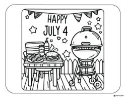 4th of July BBQ Coloring Page with Grill and Picnic Table