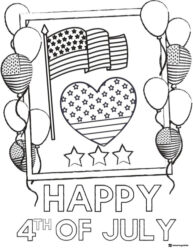 4th of July Coloring Page with Balloons Flag and Heart Stars