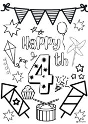 4th of July Coloring Page with Fireworks Kites and Drums