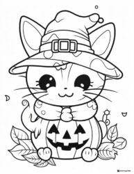 Adorable Cat Witch Coloring Sheet with Pumpkin and Leaves