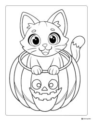 Adorable Kitten in Pumpkin Coloring Page with Big Eyes