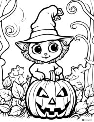 Adorable Witch Cat Coloring Page with Pumpkin in Leafy Scene