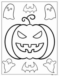 Angry Pumpkin Coloring Page with Ghosts and Bats