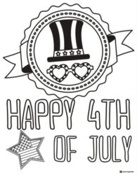 Badge Style Coloring Page with Hat Glasses and 4th of July Star