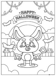 Bat Character Coloring Page with Happy Halloween Banner