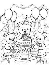 Bear Birthday Picnic Coloring Page with Cakes and Balloons