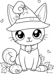 Big Eyed Witch Cat Coloring Page with Scarf and Pumpkin