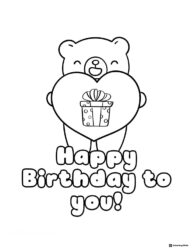 Birthday Bear Coloring Page Holding Heart with Gift