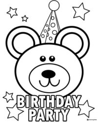 Birthday Bear Coloring Page with Party Hat and Stars