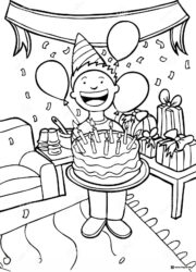 Birthday Boy Coloring Page with Cake Balloons and Gifts