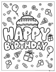 Birthday Cake Coloring Page with Balloons and Sweet Treats