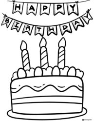 Birthday Cake Coloring Page with Banner and Four Candles