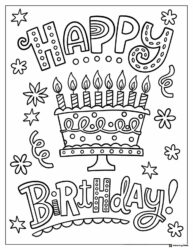 Birthday Cake Coloring Page with Lit Candles and Fun Fonts