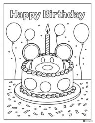 Birthday Cake Coloring Sheet with Mouse Ears and Balloons