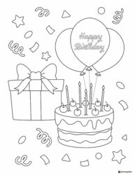 Birthday Cake and Gift Coloring Page with Balloons and Confetti