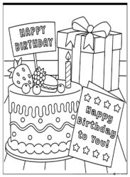 Birthday Cake and Gift Coloring Page with Greeting Card