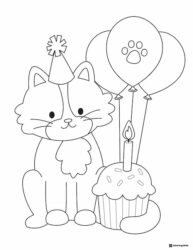 Birthday Cat Coloring Page with Balloons and Cupcake