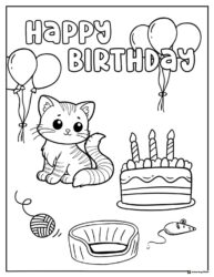 Birthday Cat Coloring Page with Cake Balloons and Toys