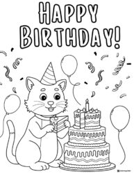 Birthday Cat Coloring Page with Layer Cake and Balloons