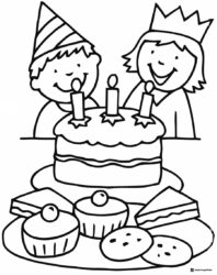 Birthday Coloring Page with Cake Cupcakes and Smiling Kids