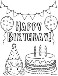 Birthday Coloring Page with Girl Balloons and Layer Cake