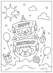 Birthday Coloring Page with Lion and Monkey Holding Signs
