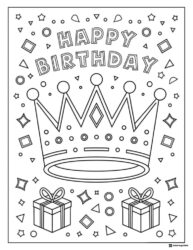 Birthday Crown Coloring Page with Gifts and Confetti Shapes
