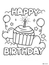 Birthday Cupcake Coloring Sheet with Balloons and Clouds
