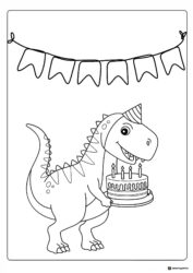 Birthday Dinosaur Coloring Page with Cake and Party Hat
