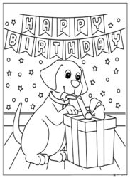Birthday Dog Coloring Page with Gift and Banner Decor