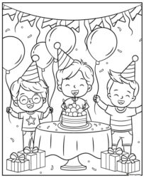 Birthday Party Coloring Page with Cake and Balloons