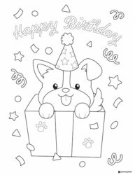 Birthday Puppy Coloring Page in Gift Box with Confetti