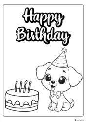 Birthday Puppy Coloring Page with Cake and Party Hat