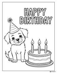 Birthday Puppy Coloring Sheet with Cake and Party Hat