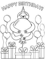 Birthday Sloth Coloring Page with Balloons and Presents