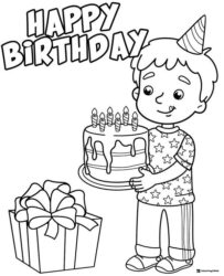 Boy Holding Birthday Cake Coloring Page with Gift Present