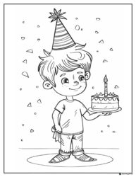 Boy with Birthday Cake Coloring Page and Party Hat Details