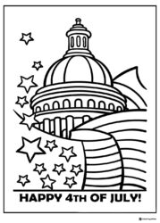 Capitol Dome Coloring Page with Flag and 4th of July Stars
