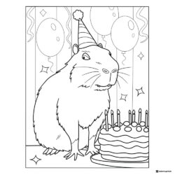Capybara Birthday Coloring Sheet with Balloons and Cake
