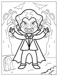 Cartoon Vampire Coloring Page with Bats and Gravestone