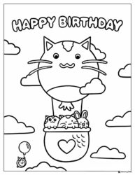 Cat Balloon Coloring Page with Animals in Basket and Clouds