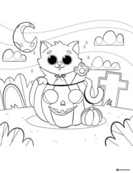 Cat in Pumpkin Coloring Page with Graveyard and Moonlight