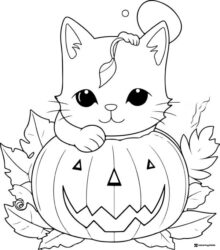Cat in Pumpkin Coloring Sheet with Fall Leaves and Vines