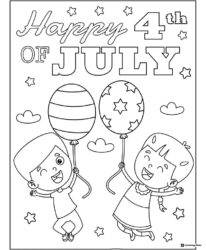 Children with Balloons Coloring Page and 4th of July Text