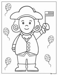 Colonial Character Coloring Page with Flag and Star Balloons