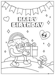 Cupcake Character Coloring Page with Gift and Heart Balloons