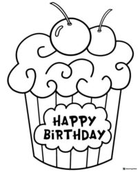 Cupcake Coloring Page with Cherries and Happy Birthday Text