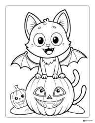Cute Bat Coloring Page on Pumpkin with Smiling Jack o Lanterns