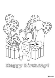 Cute Bear Birthday Coloring Page with Balloons and Gifts