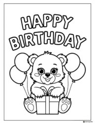 Cute Bear Coloring Page Holding Gift and Balloons